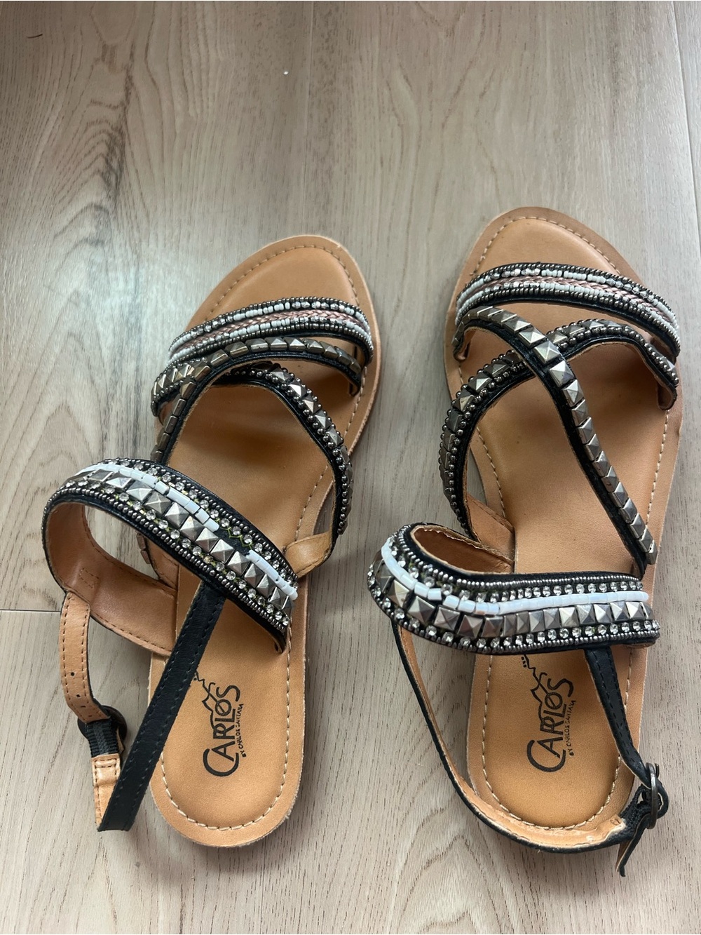 Carlos Santana Black and Tan Studded Strappy Sandals